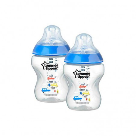 Comprar TOMMEE TIPPEE BIBERÓN ANTICÓLICOS AZUL  COCHECITOS FLUJO LENTO  2X260 ML